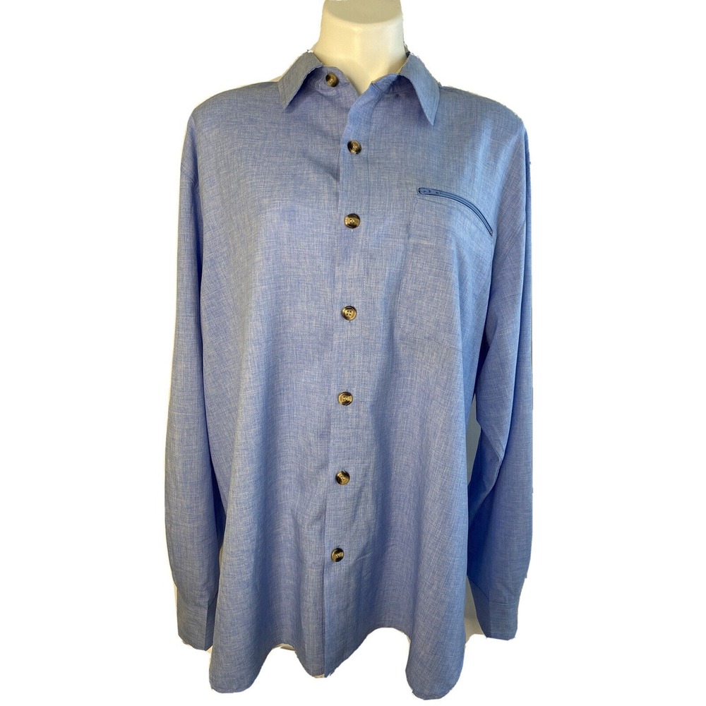 Norm‎ Thompson Mens Shirt XL Blue Button Down Zip Pocket Casual Travel